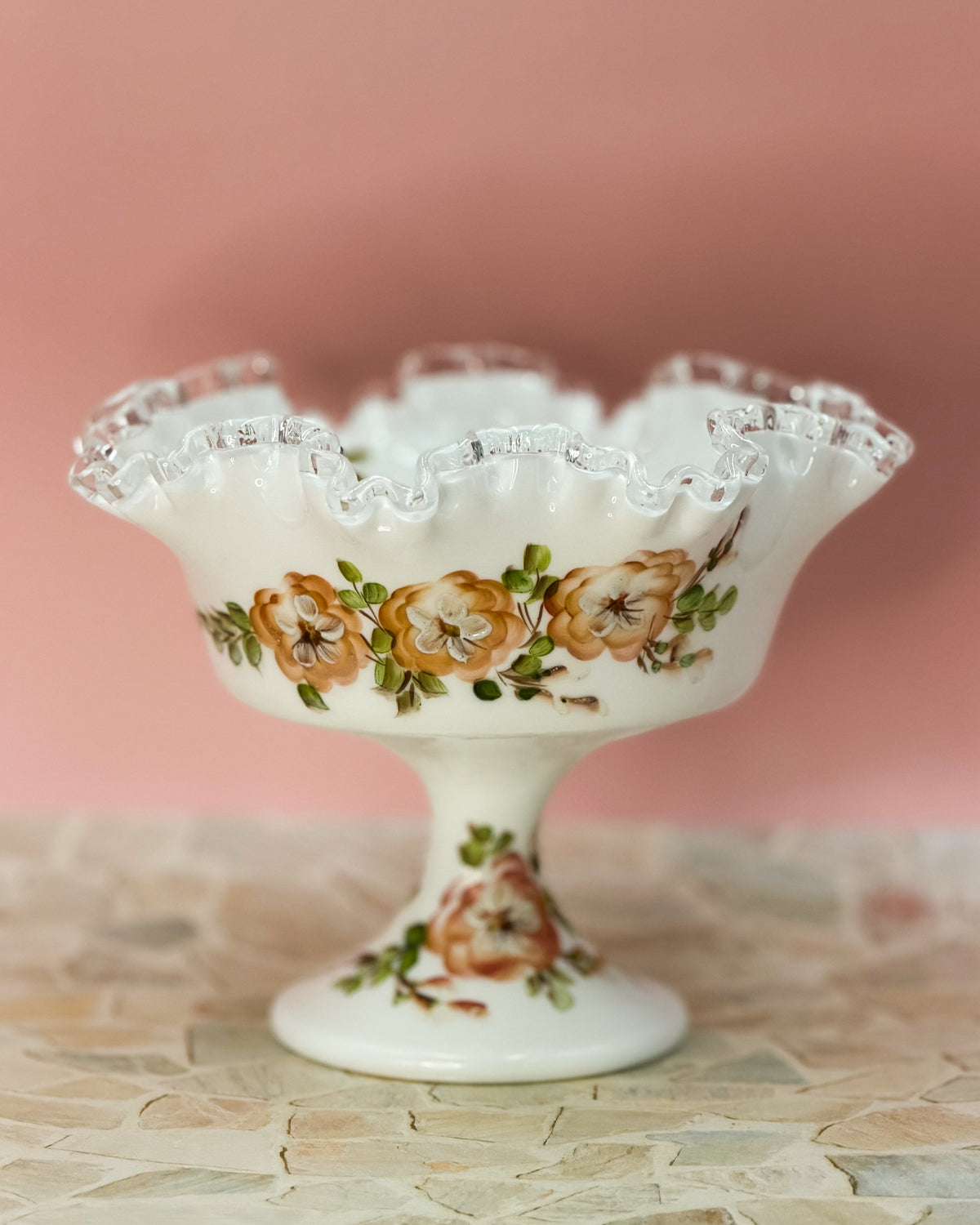 Fenton Silver Crest Hand Painted Floral Milk Glass Compote Bowl – Vintage Pedestal Centerpiece