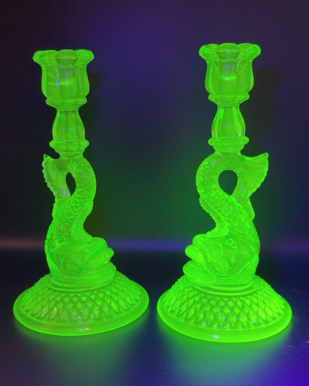 Cambridge Uranium Glass Koi Fish Candlesticks – Vintage Green Depression Glass Pair